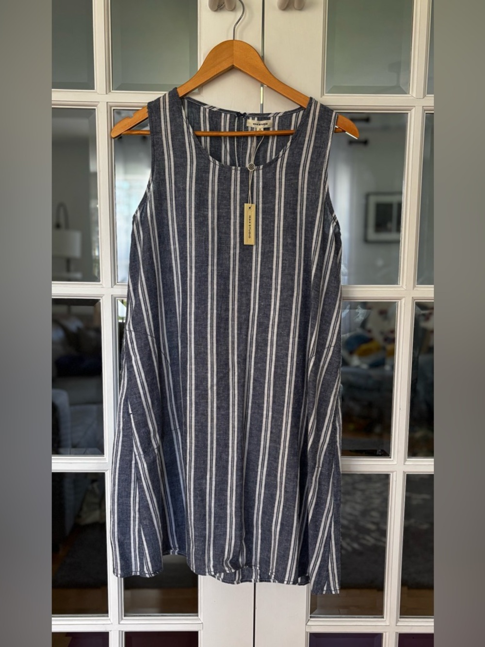 Max Studio Navy and White Vertical Stripe Midi Dress